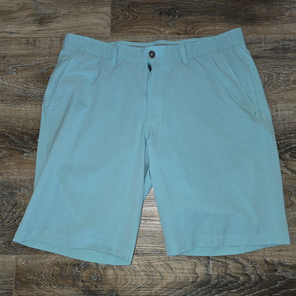 Under Armour Chino Shorts Mens 38 Teal Golf HeatGear 10 Inseam Stetch Aqua